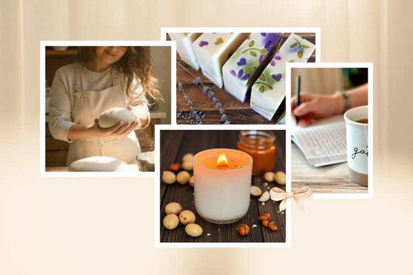 A cozy hygge morning image collage featuring artisan soap, a glowing candle, sourdough bread, and a journal on a neutral linen background