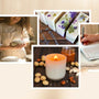 A cozy hygge morning image collage featuring artisan soap, a glowing candle, sourdough bread, and a journal on a neutral linen background