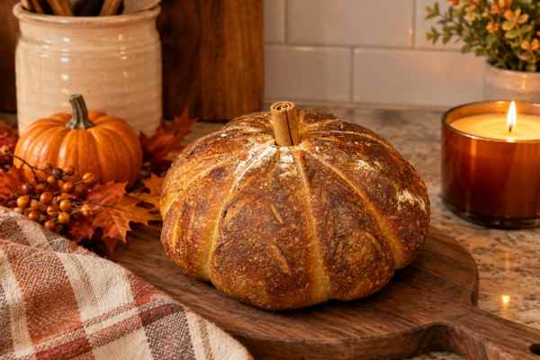 Pumpkin Sourdough Bread in a cozy kitchen with fall decor and a candle