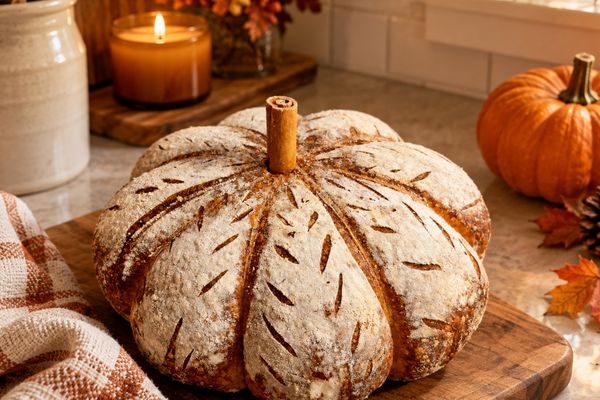 A pumpkin spice sourdough bread shaped like a pumpkin on a cozy kitchen counter