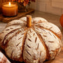 A pumpkin spice sourdough bread shaped like a pumpkin on a cozy kitchen counter