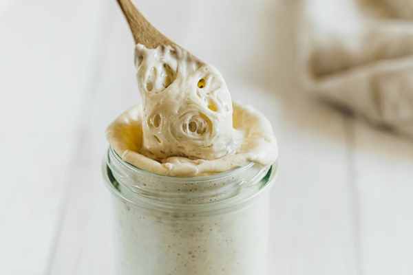 A healthy and robust sourdough starter with visible webbing