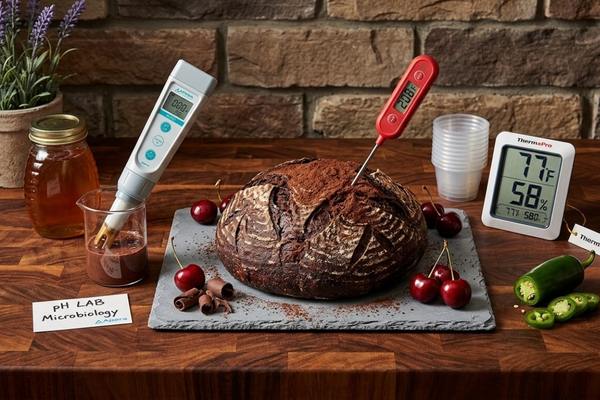 Artisan sourdough lab setup on a butcher block counter featuring a dark chocolate sourdough loaf with cocoa dusting and fresh cherries. Surrounding the bread are precision baking tools 