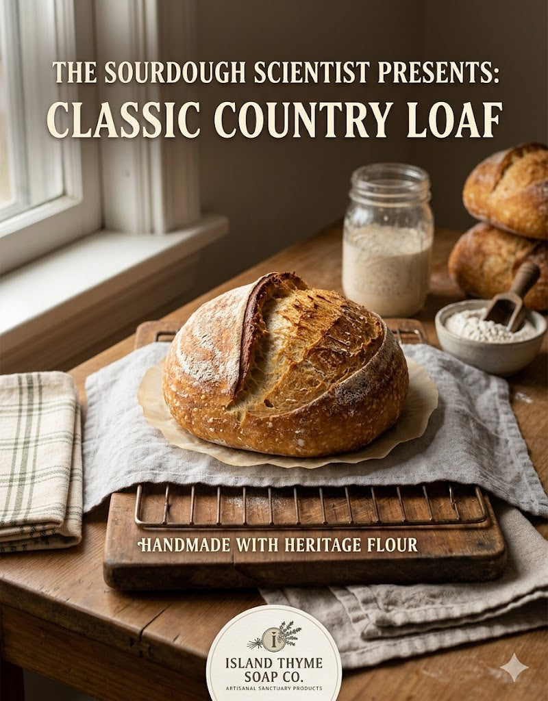Classic Country Sourdough Loaf on cooling rack with Island Thyme Soap Co branding and pH log.