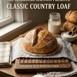 Classic Country Sourdough Loaf on cooling rack with Island Thyme Soap Co branding and pH log.