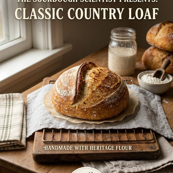 Classic Country Sourdough Loaf on cooling rack with Island Thyme Soap Co branding and pH log.