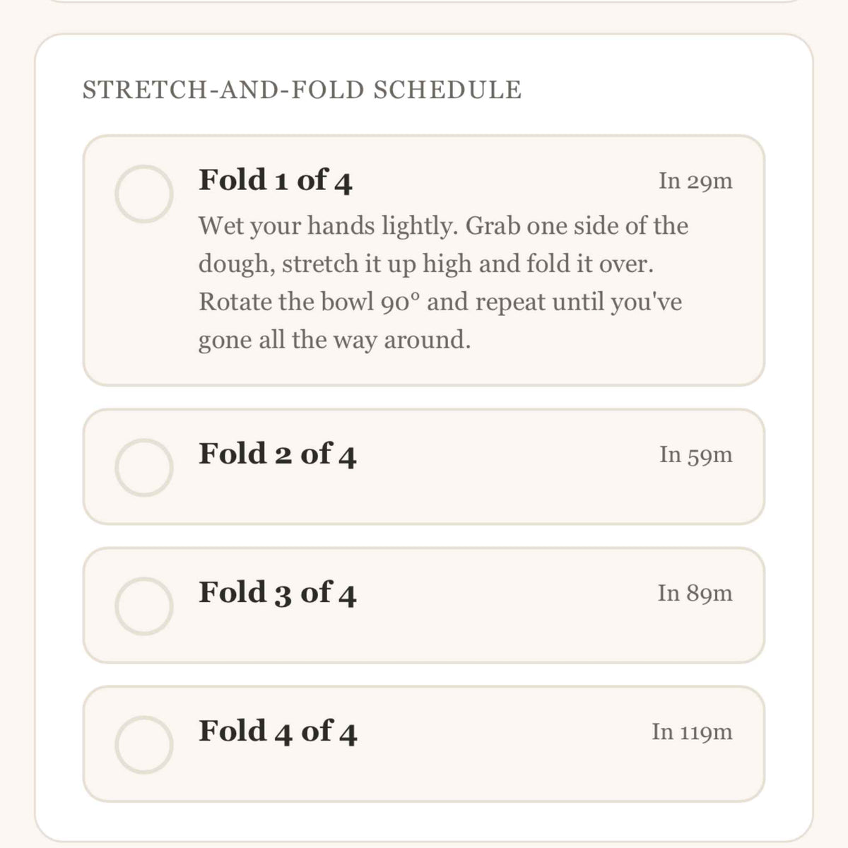 Stretch-and-fold schedule for a dough-making process on a light pink background