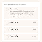 Stretch-and-fold schedule for a dough-making process on a light pink background