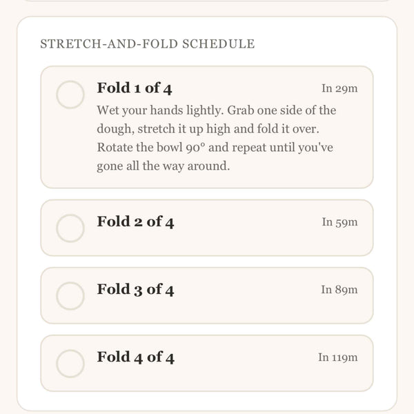 Stretch-and-fold schedule for a dough-making process on a light pink background
