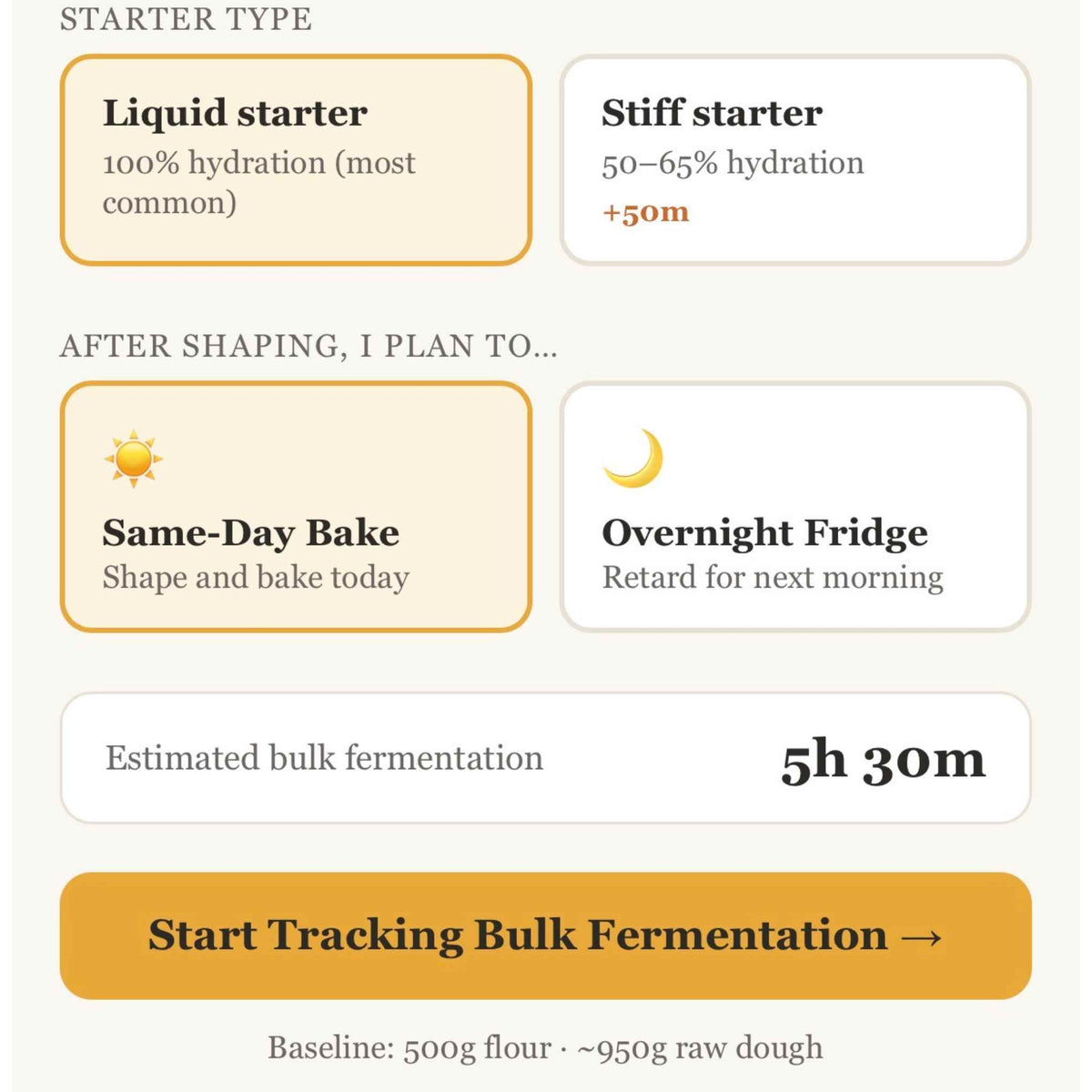 DoughPace sourdough companion app showing the bulk fermentation dashboard with dough pace gauge, temperature log, and stretch-and-fold reminders