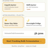 DoughPace sourdough companion app showing the bulk fermentation dashboard with dough pace gauge, temperature log, and stretch-and-fold reminders