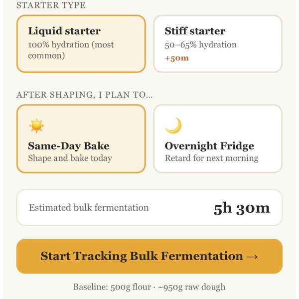 DoughPace sourdough companion app showing the bulk fermentation dashboard with dough pace gauge, temperature log, and stretch-and-fold reminders
