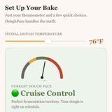 DoughPace sourdough companion app showing the bulk fermentation dashboard with dough pace gauge, temperature log, and stretch-and-fold reminders