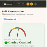 Screenshot of a bulk fermentation simulation tool for plain sourdough with a gauge and 'Cruise Control' label.