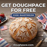 Get Doughpace for free to celebrate America's 250 Anniversary. DoughPace sourdough companion app showing the bulk fermentation dashboard with dough pace gauge, temperature log, and stretch-and-fold reminders