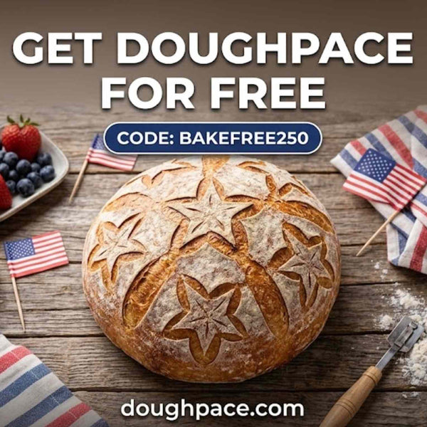 Get Doughpace for free to celebrate America's 250 Anniversary. DoughPace sourdough companion app showing the bulk fermentation dashboard with dough pace gauge, temperature log, and stretch-and-fold reminders