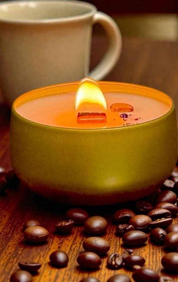 Gourmand scented wood wick candle in a gold tin with coffee beans