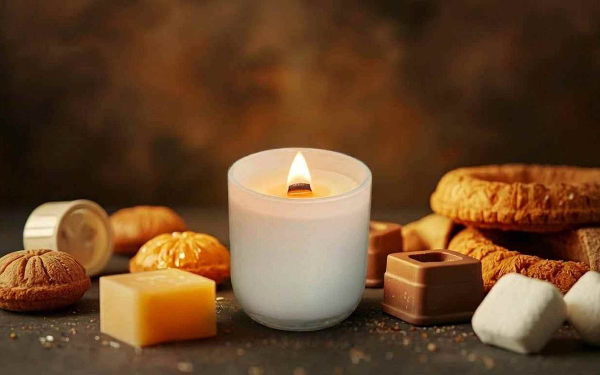 Gourmand scented wood wick candle surrounded by gourmand treats