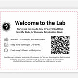 Instructions for a sourdough starter rehydration with a QR code and branding on a white background