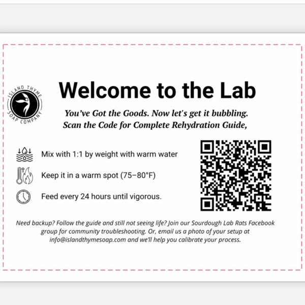 Instructions for a sourdough starter rehydration with a QR code and branding on a white background