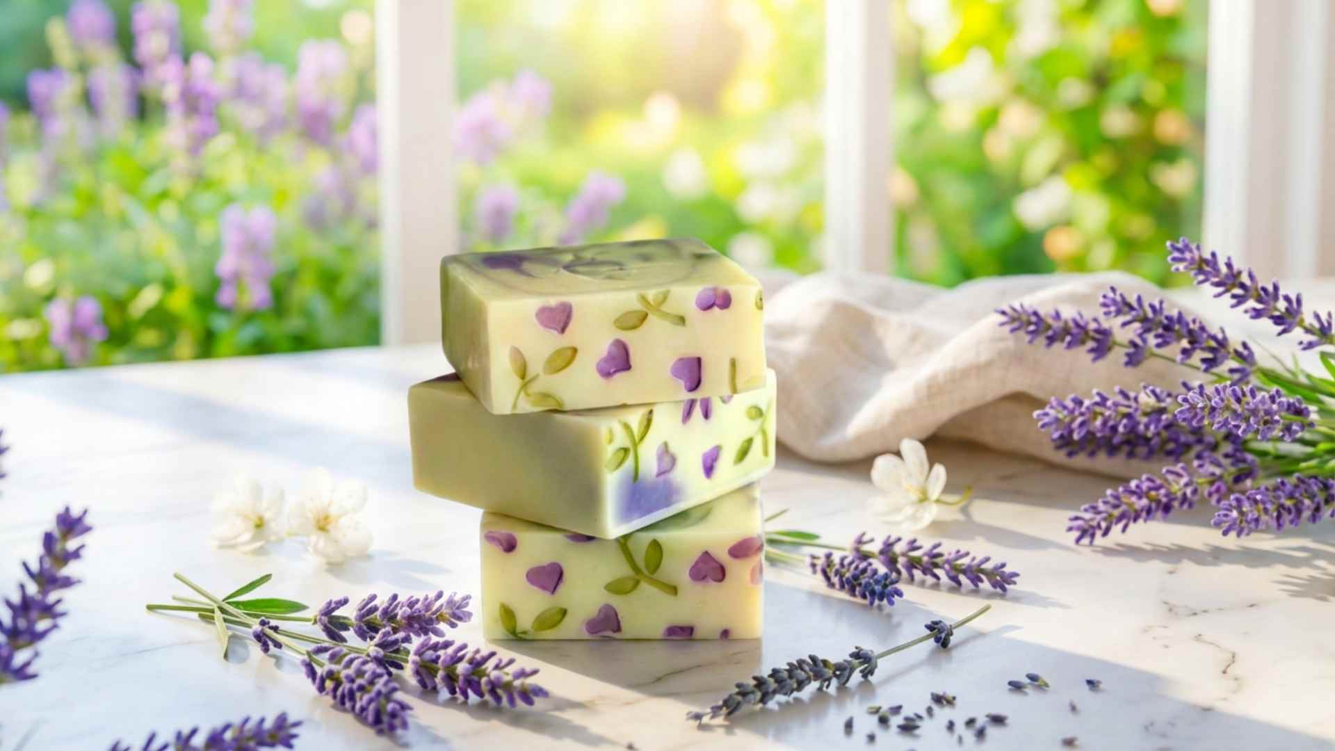  Three beautiful bars of Island Thyme Soap Co lavender fields coconut milk soap with lavender sprigs by a spring window with lavender growing outside