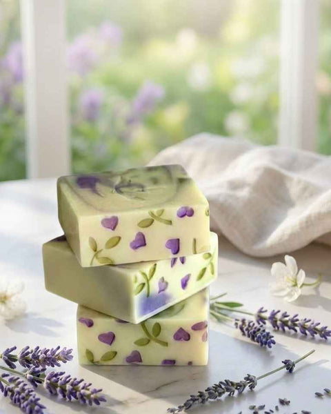Three beautiful bars of Island Thyme Soap Co lavender fields coconut milk soap with lavender sprigs by a spring window