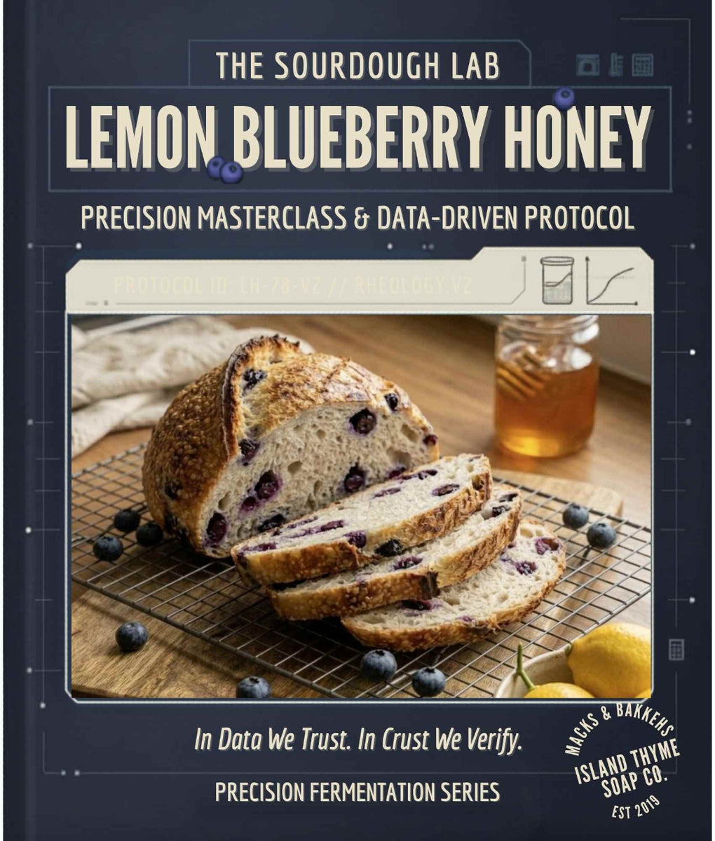 Book cover of 'Lemon Blueberry Honey' from The Sourdough Lab with sliced bread and honey on a wooden surface.