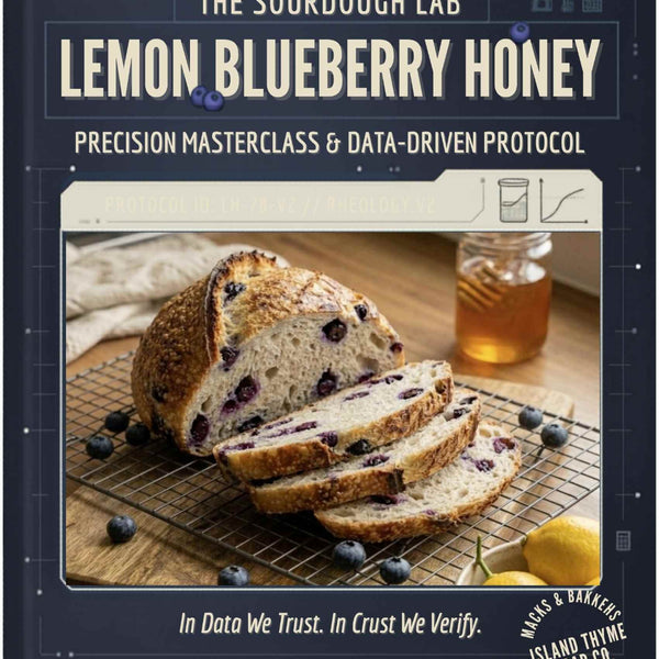 Book cover of 'Lemon Blueberry Honey' from The Sourdough Lab with sliced bread and honey on a wooden surface.