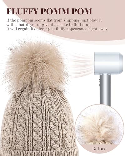 Alepo Womens Winter Beanie Hat, Warm Fleece Lined Knitted Soft Ski Cuff Cap with Pom Pom(Beige) - Island Thyme Soap Company