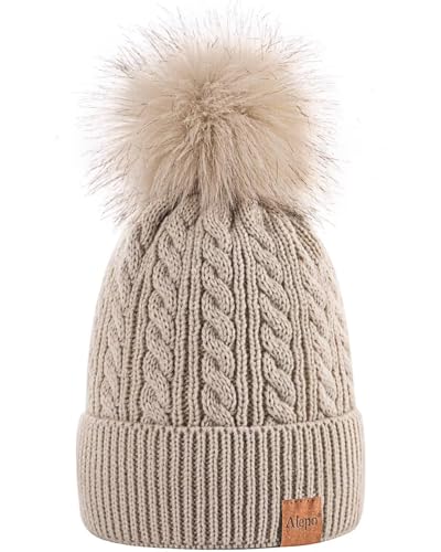 Alepo Womens Winter Beanie Hat, Warm Fleece Lined Knitted Soft Ski Cuff Cap with Pom Pom(Beige) - Island Thyme Soap Company
