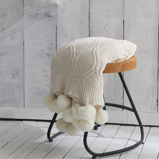 Cozy Cable Knitted Throw Blanket with Pom Pom Fringe - Island Thyme Soap Company