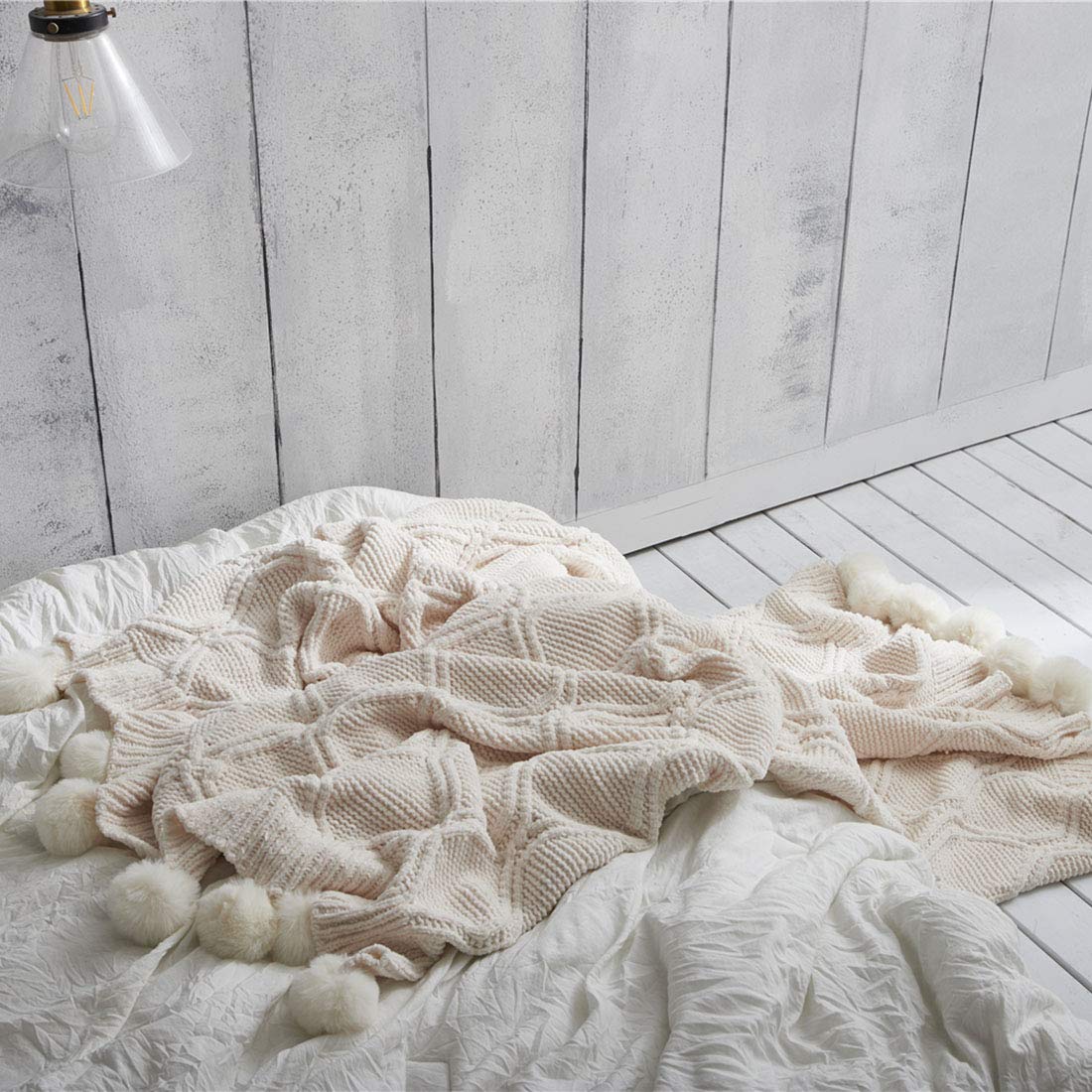 Cozy Cable Knitted Throw Blanket with Pom Pom Fringe - Island Thyme Soap Company