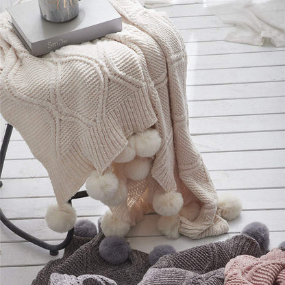 Cozy Cable Knitted Throw Blanket with Pom Pom Fringe - Island Thyme Soap Company