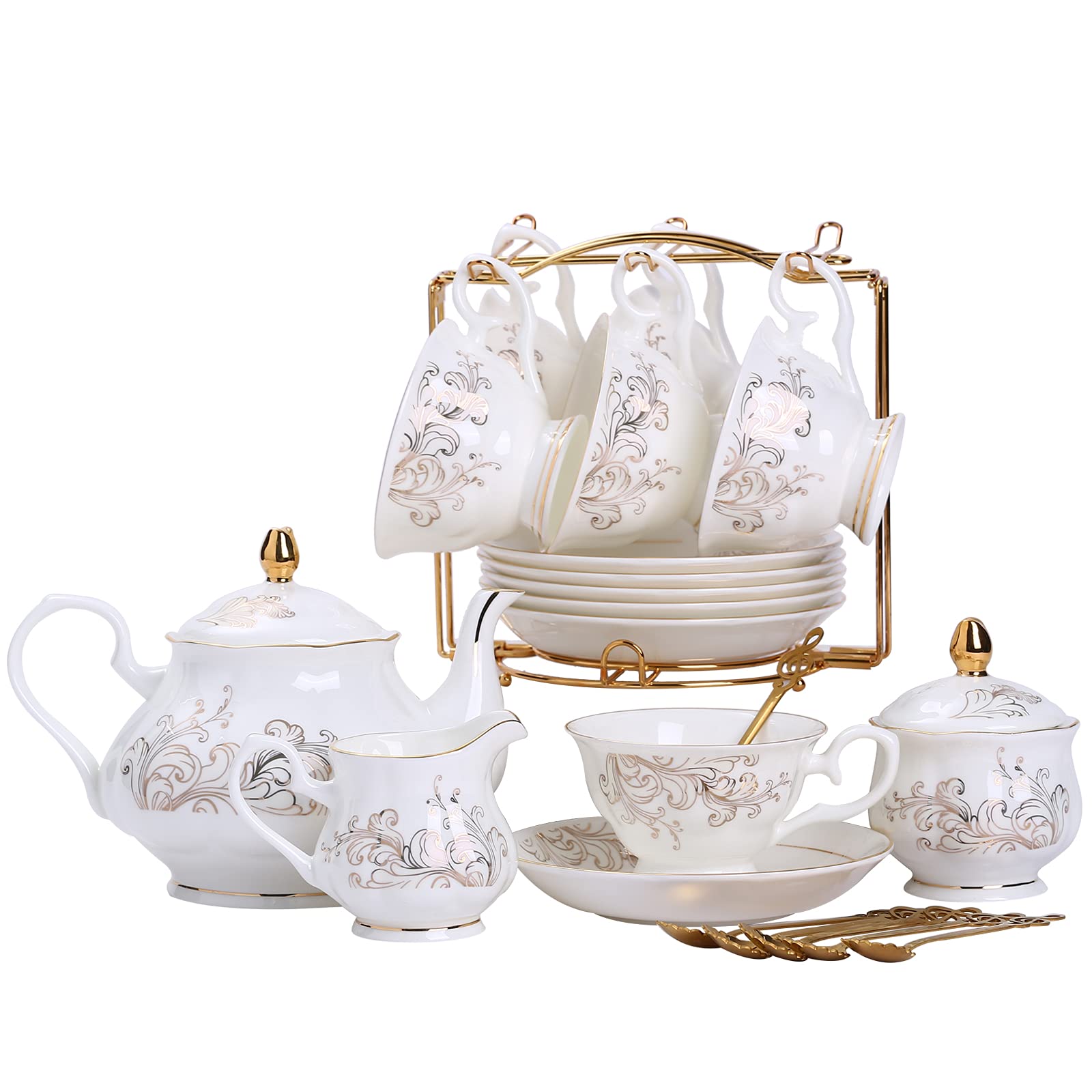 Daveinmic 22 - Piece Porcelain Tea Set - White and Gold - Island Thyme Soap Company