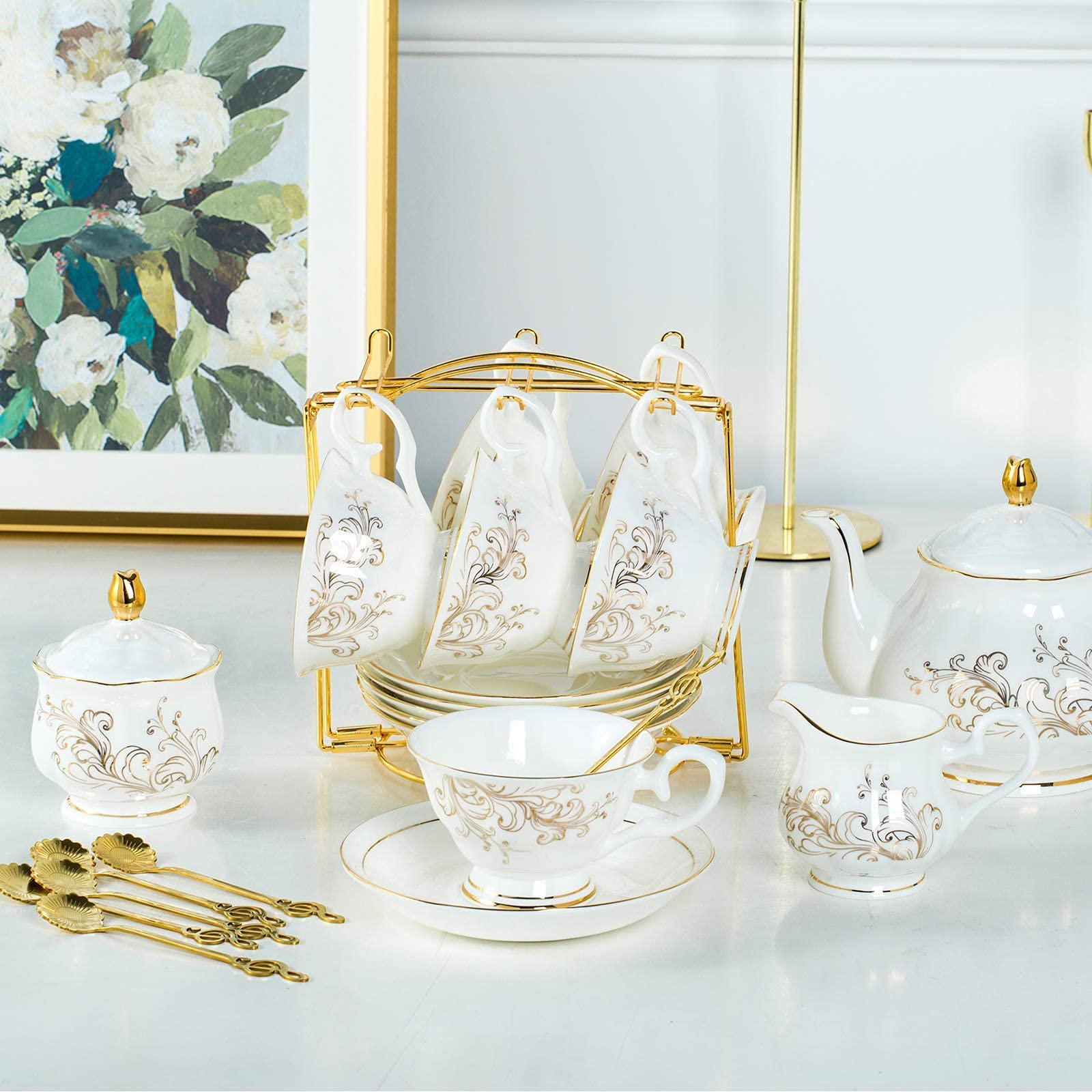 Daveinmic 22 - Piece Porcelain Tea Set - White and Gold - Island Thyme Soap Company