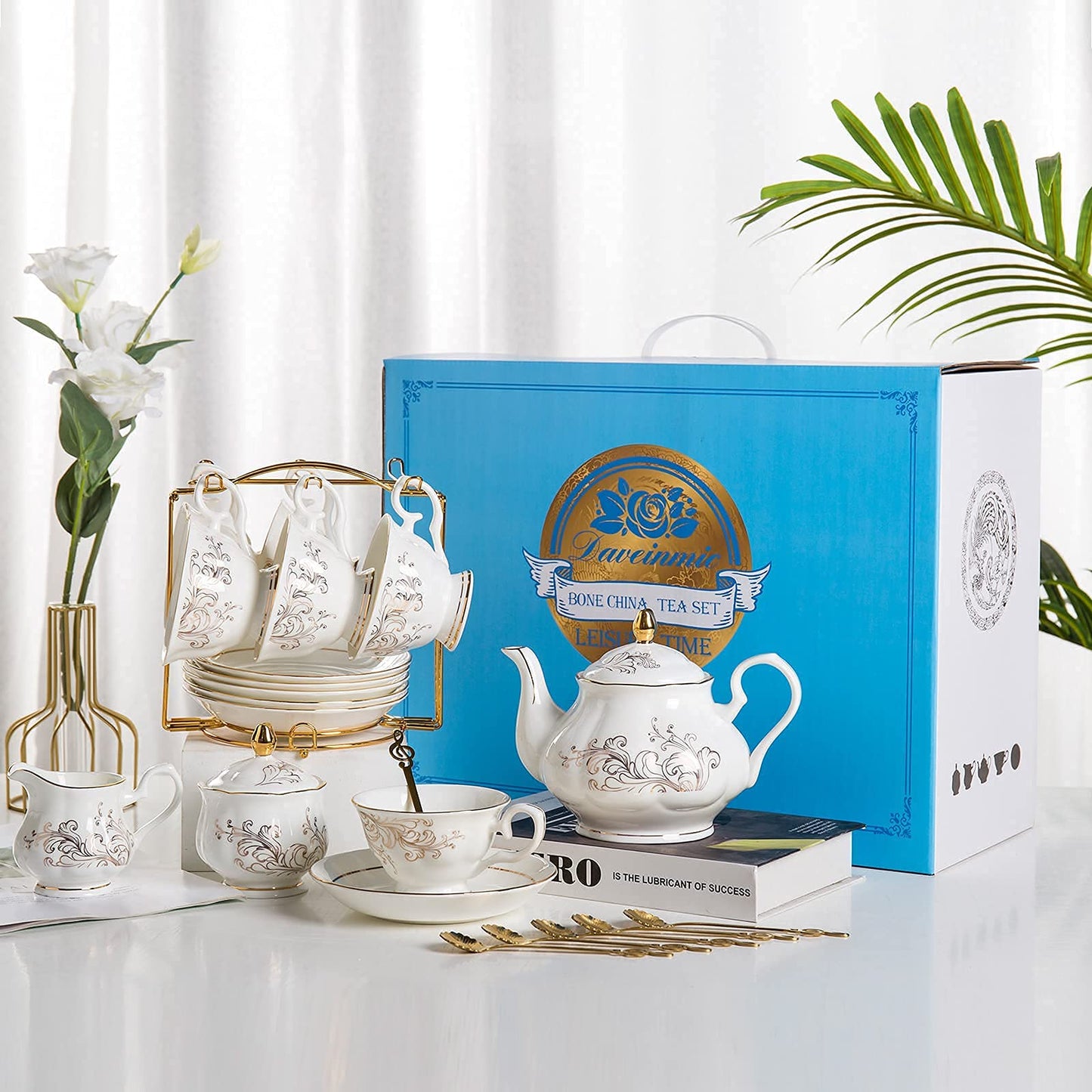 Daveinmic 22 - Piece Porcelain Tea Set - White and Gold - Island Thyme Soap Company