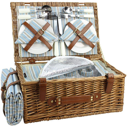 HappyPicnic Wicker Picnic Basket Set for 4 Persons | Large Willow Hamper with Large Insulated Cooler Compartment, Free Waterproof Blanket and Cutlery Service Kit - Classical Brown - Island Thyme Soap Company