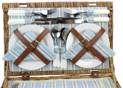 HappyPicnic Wicker Picnic Basket Set for 4 Persons | Large Willow Hamper with Large Insulated Cooler Compartment, Free Waterproof Blanket and Cutlery Service Kit - Classical Brown - Island Thyme Soap Company