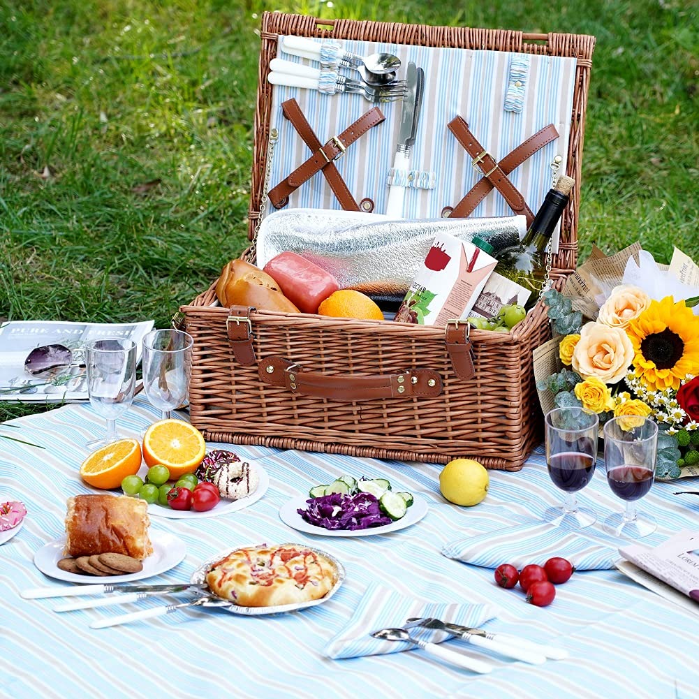 HappyPicnic Wicker Picnic Basket Set for 4 Persons | Large Willow Hamper with Large Insulated Cooler Compartment, Free Waterproof Blanket and Cutlery Service Kit - Classical Brown - Island Thyme Soap Company