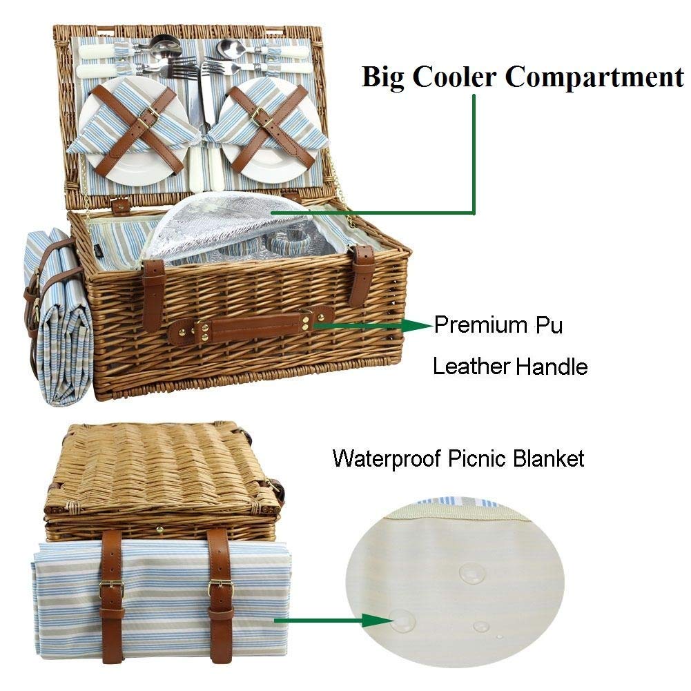 HappyPicnic Wicker Picnic Basket Set for 4 Persons | Large Willow Hamper with Large Insulated Cooler Compartment, Free Waterproof Blanket and Cutlery Service Kit - Classical Brown - Island Thyme Soap Company