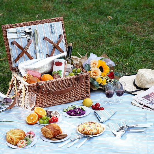 HappyPicnic Wicker Picnic Basket Set for 4 Persons | Large Willow Hamper with Large Insulated Cooler Compartment, Free Waterproof Blanket and Cutlery Service Kit - Classical Brown - Island Thyme Soap Company