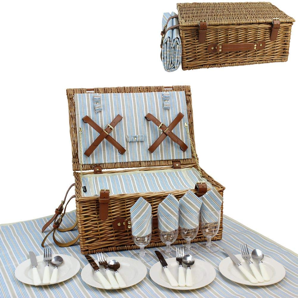 HappyPicnic Wicker Picnic Basket Set for 4 Persons | Large Willow Hamper with Large Insulated Cooler Compartment, Free Waterproof Blanket and Cutlery Service Kit - Classical Brown - Island Thyme Soap Company