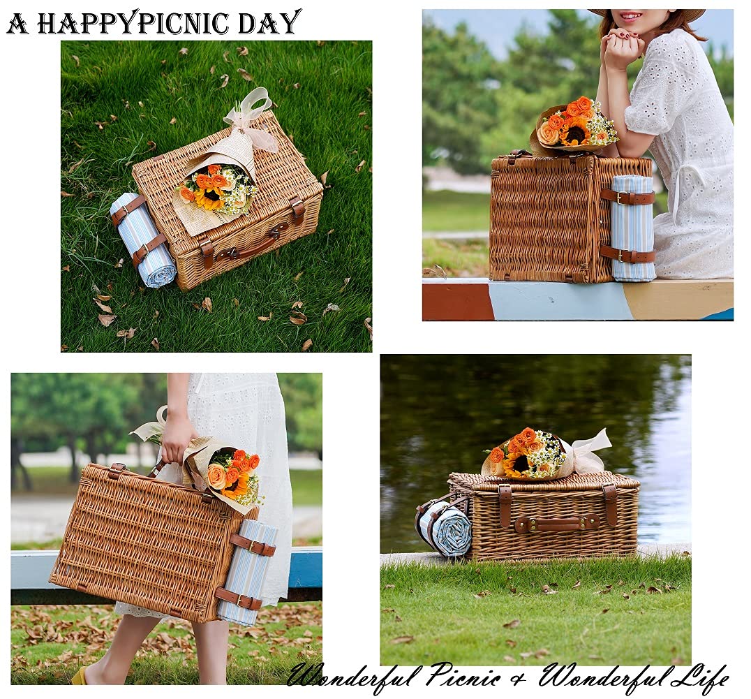 HappyPicnic Wicker Picnic Basket Set for 4 Persons | Large Willow Hamper with Large Insulated Cooler Compartment, Free Waterproof Blanket and Cutlery Service Kit - Classical Brown - Island Thyme Soap Company