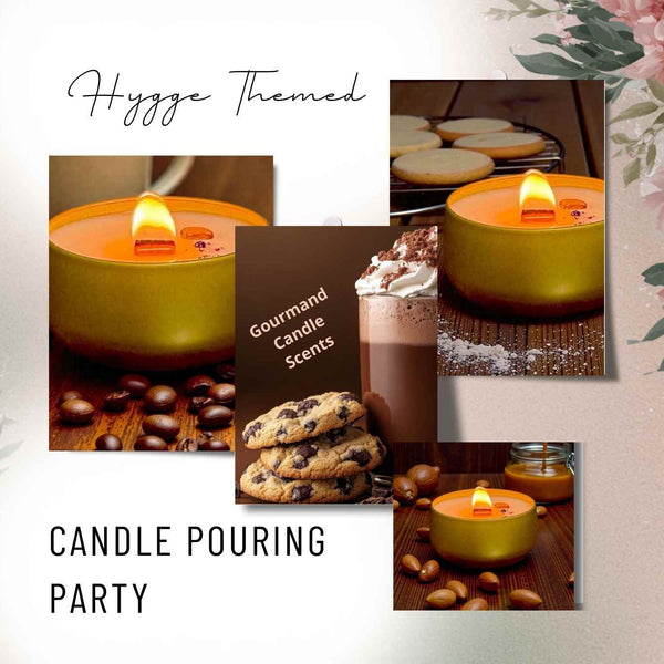 Collage of candles with text 'Hygge Themed Candle Pouring Party' on a light background.