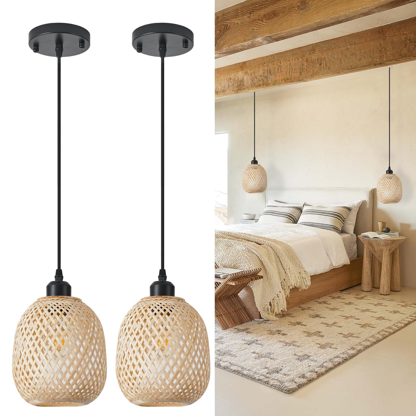 TERLEENART Set of 2 Mid Century Bohemian Rattan Bamboo Pendant Lighting - Island Thyme Soap Company