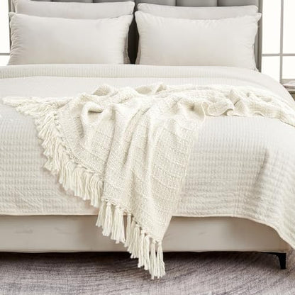 Textured Basket Weave Knit Throw Blanket with Fringe - Island Thyme Soap Company