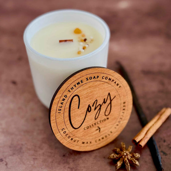 Island Thyme Soap Company vanilla chai latte candles in white glass with wood Cozy Collection lid