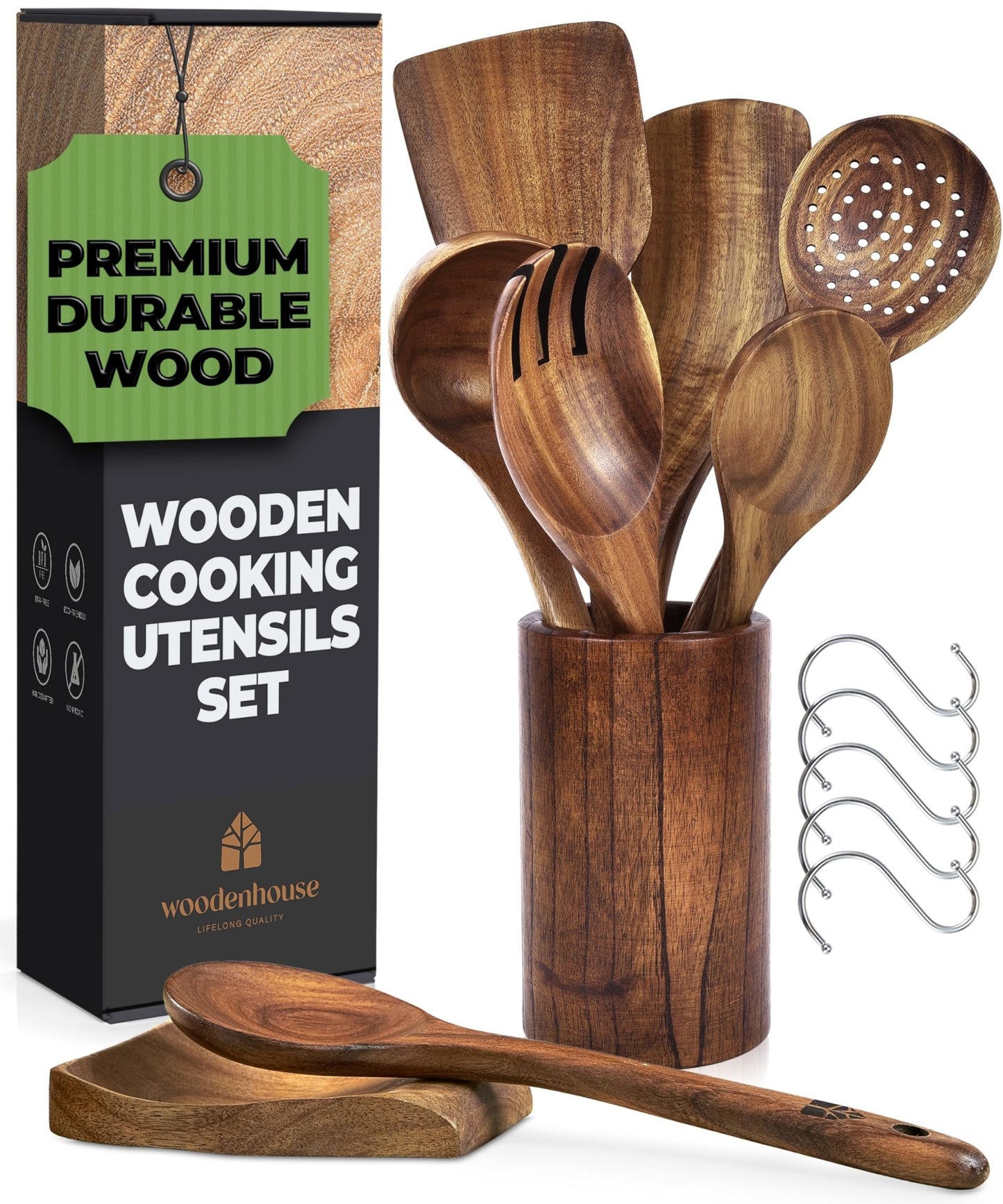 Wooden Utensils Cooking Set by Woodenhouse - 8 Pieces with Holder - Island Thyme Soap Company