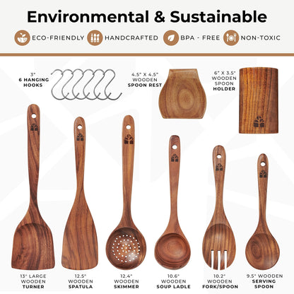 Wooden Utensils Cooking Set by Woodenhouse - 8 Pieces with Holder - Island Thyme Soap Company