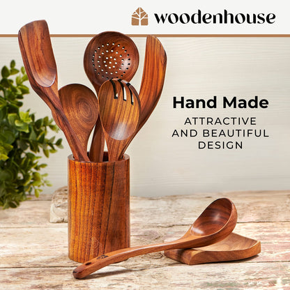 Wooden Utensils Cooking Set by Woodenhouse - 8 Pieces with Holder - Island Thyme Soap Company